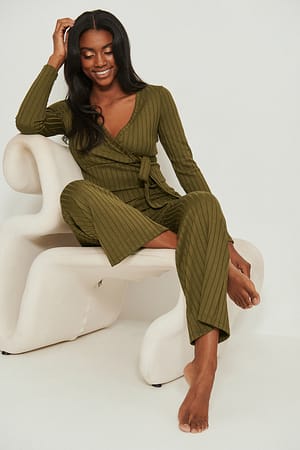 Khaki High Waist Ribbed Pants