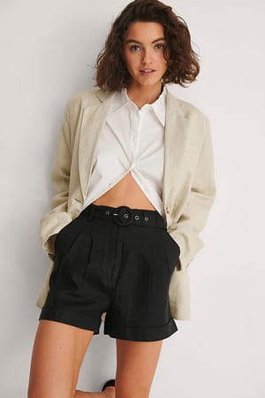 Black Geriemde linnen short