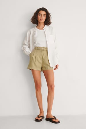 Khaki Highwaist Belted Linen Shorts