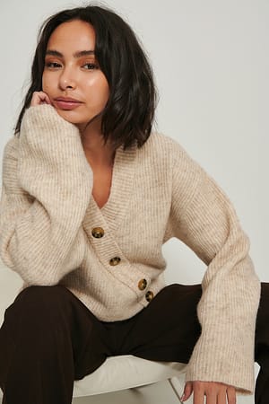 Beige Melange Knitted Asymmetric Ribbed Cardigan