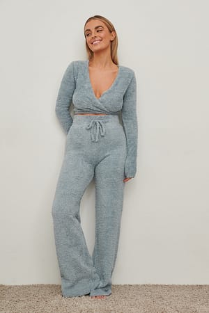 Dusty Blue Knitted Fluffy Drawstring Pants