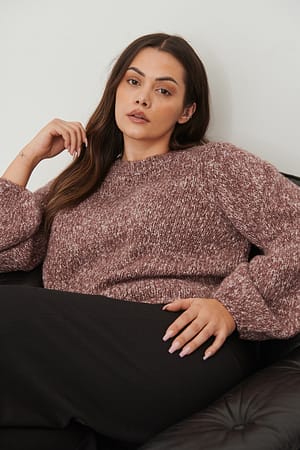 Purple Melange Knitted Round Neck Balloon Sleeve Sweater