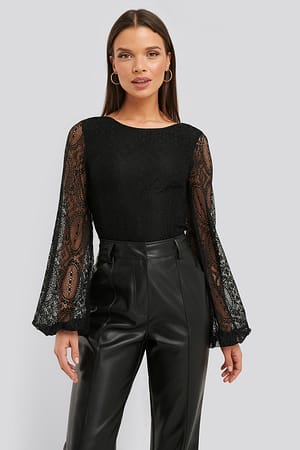 Black Lace Balloon Sleeve Blouse