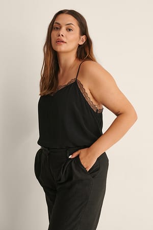 Black Lace Detail Satin Singlet