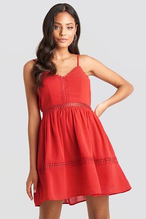 Red Lace Insert Flowy Mini Dress