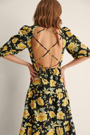 Yellow Print Robe mi-longue en coton laçage dans le dos biologique
