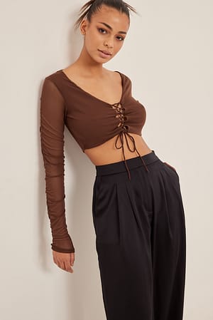 Brown Lacing Detail Mesh Top