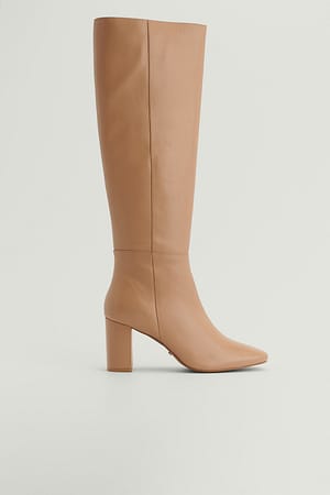 Beige Leather Knee High Boots