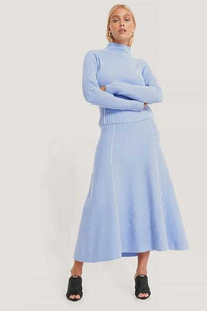 Light Blue Fijngebreide Rok Met Naaddetail
