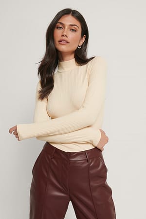 Offwhite Long Sleeve Ribbed Polo Top
