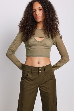 Khaki Long Sleeve Asymmetric Mesh Top