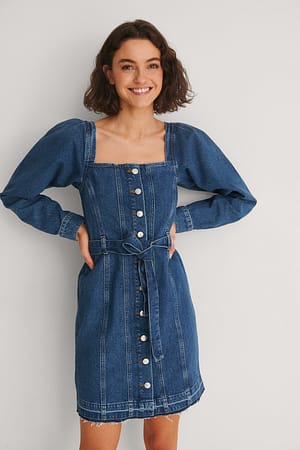 Mid Blue Langärmeliges Jeanskleid mit Gürtel