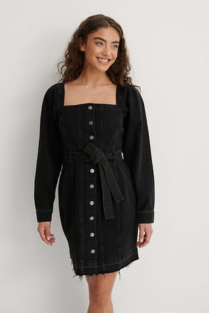 Washed Black Denim jurk met lange mouwen en riem