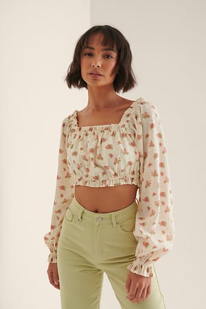 Vintage Flower Cropped-Bluse Mit Langen Ärmeln