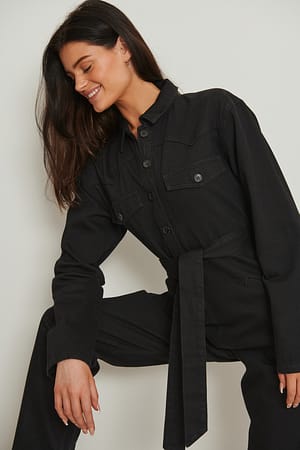 Washed Black Long Sleeve Denim Jumpsuit