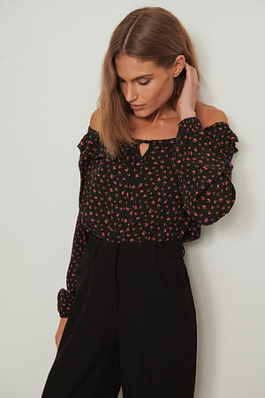 Small Red Flowers Long Sleeve Flounce Blouse