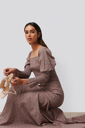 Pink Flower Long Sleeve Gathered Maxi Dress