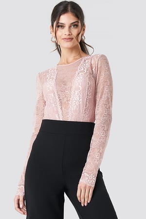 Pink Umber Long Sleeve Lace Bodysuit