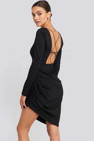 Deep Black Long Sleeve Open Back Jersey Dress