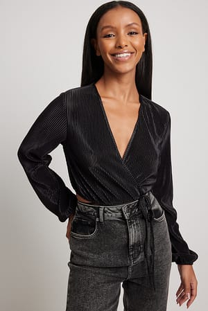 Black Long Sleeve Pleated Wrap Top