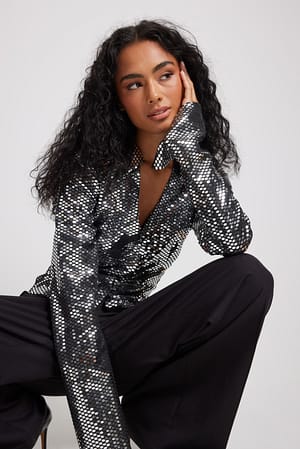 Silver Langärmelige Paillettenhemdbluse
