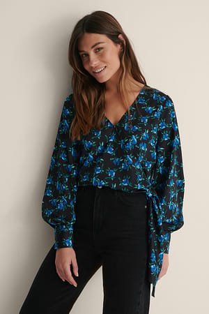 Blue Flower Satin Overlap Top