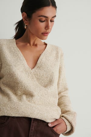 Beige Melange Gebreide Trui Met Overslag