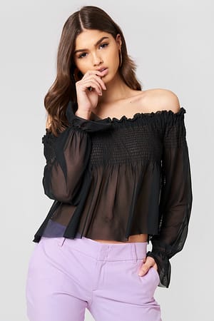 Black Mesh Smock Off Shoulder Top