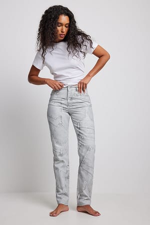 Print Mid Waist Slim Leg Denim
