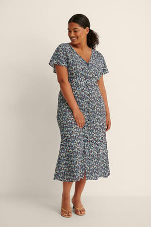 Lilac Print Midikleid mit Knöpfen