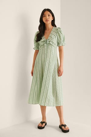 Green Kariertes Midikleid Mit Kordelzug