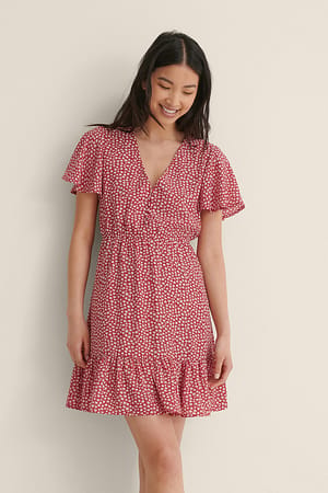 Red Mini Printed Buttoned Dress