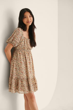 Vintage Flower Mini Puff Sleeve Sheer Dress