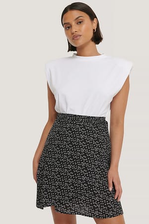 Black/White Flower Print Mini Jupe Portefeuille