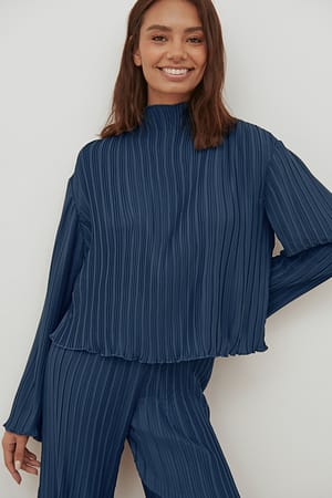 Navy Blue Mock Neck Plissé Shirt