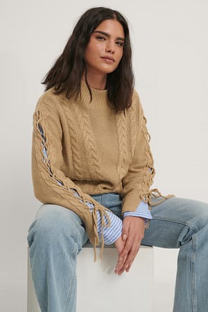 Beige Lacing Detail Knitted Sweater