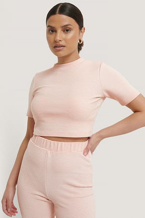 Pink Kort Ribbet T-Skjorte