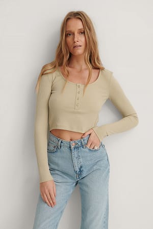 Light Beige Ribbed Henley Crop Top