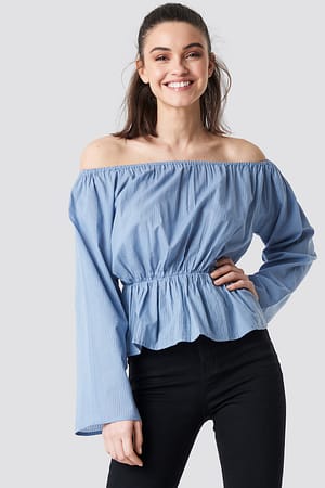 Light Blue Off Shoulder Flounce Blouse