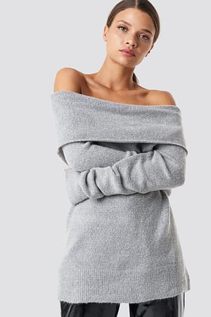 Lt Greymelange Offshoulder Folded Wide Sweater