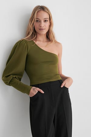 Khaki Haut Court À Une Manche Bouffante