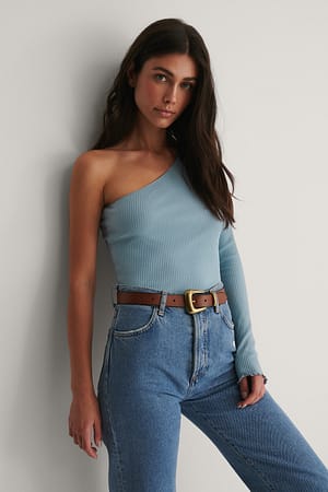 Dusty Blue One Shoulder Babylock Ribbed Top