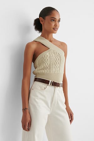Beige One Shoulder Cable Knit Top