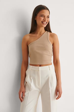 Beige One Shoulder Crop Rib Top