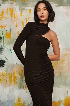 Brown One Shoulder Draped Maxi Dress