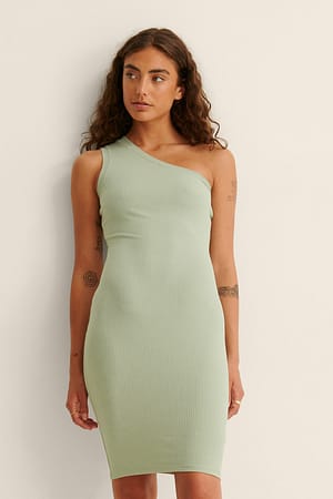 Light Khaki Organisches einseitig schulterfreies geripptes Kleid