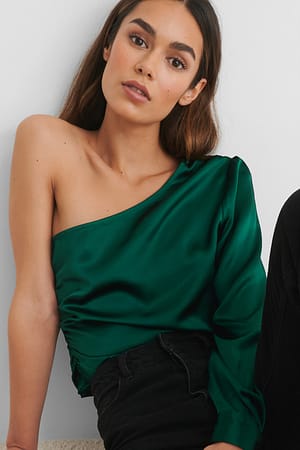 Emerald One Shoulder Shirred Satin Top