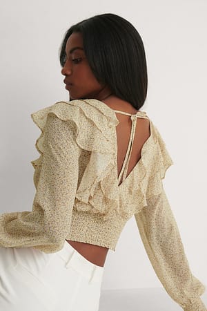 Yellow Flower Open Back Frill Blouse