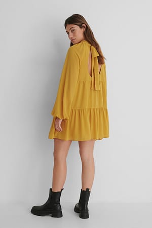 Mustard Recycled Open Back Frill Chiffon Dress