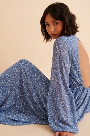 Blue Flower Print Open Back Maxi Dress